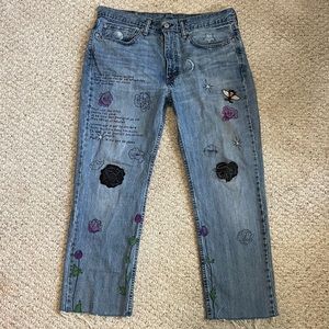 Custom Levi’s Jeans Hand drawn art patched 34 x 26